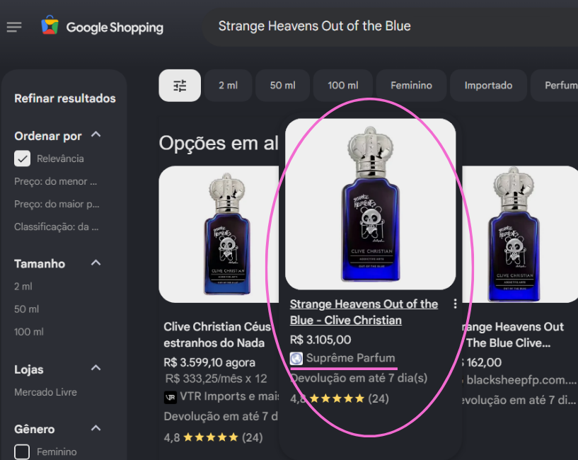 Exemplo de produto da Suprême Parfum destacado no Google Shopping