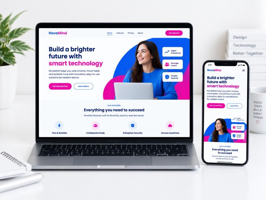 Site responsivo exibido em notebook e celular